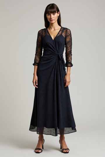 Navy A-Line V-Neck Appliques Work Dress with Sleeves